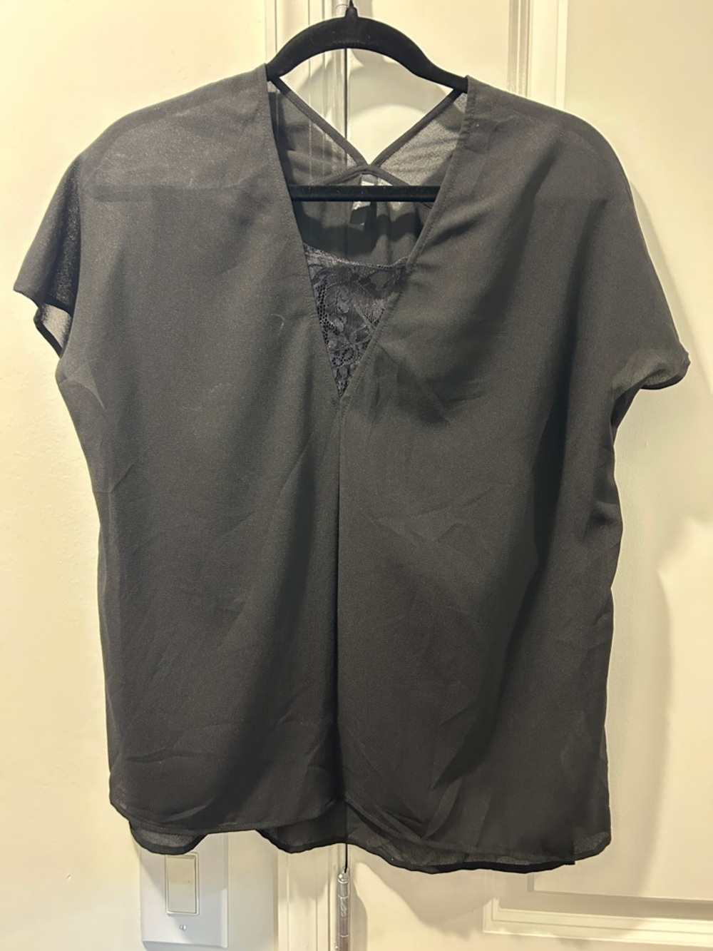 Kut from the Kloth Black Sheer V-Neck Lace-Trim Blouse